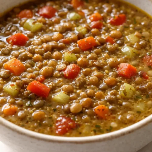 Steaming bowl of vegetarian lentil soup with tender lentils, orange carrots, and fresh parsley in a rich golden broth.