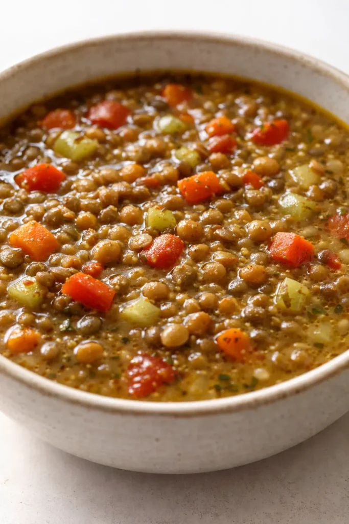 Steaming bowl of vegetarian lentil soup with tender lentils, orange carrots, and fresh parsley in a rich golden broth.