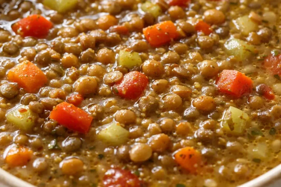 Steaming bowl of vegetarian lentil soup with tender lentils, orange carrots, and fresh parsley in a rich golden broth.