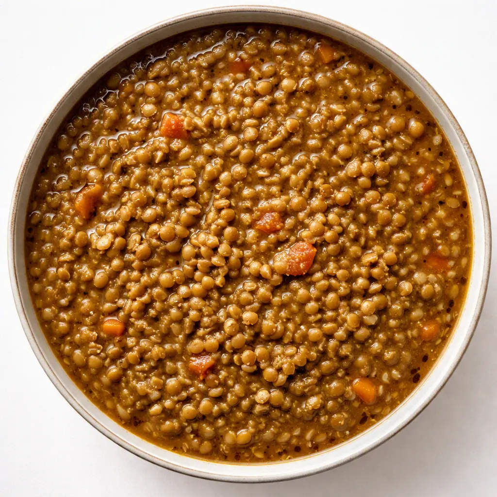Cozy vegetarian lentil soup simmering with chopped carrots and celery, creamy texture in a rustic pot.