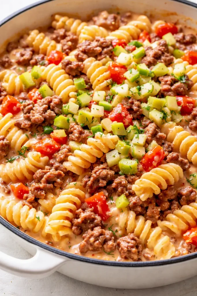 Creamy cheeseburger pasta with ground beef, melted cheddar, and pickles in a cast iron skillet, ready in 30 minutes.