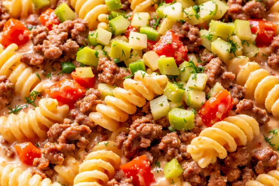 Creamy cheeseburger pasta with ground beef, melted cheddar, and pickles in a cast iron skillet, ready in 30 minutes.