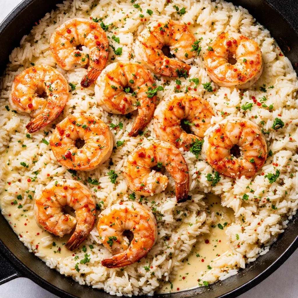 Creamy garlic butter shrimp and rice in a cast-iron skillet, golden sauce coating plump shrimp.