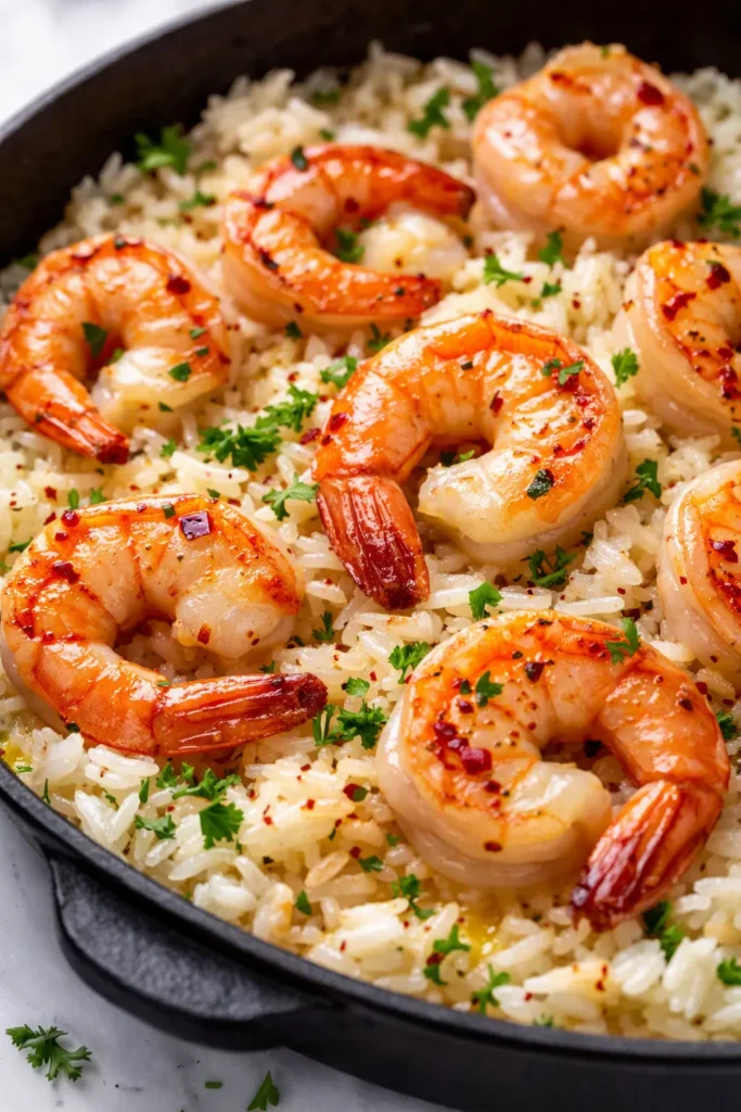 Creamy garlic butter shrimp and rice with plump shrimp in a rich, silky sauce over fluffy white rice.