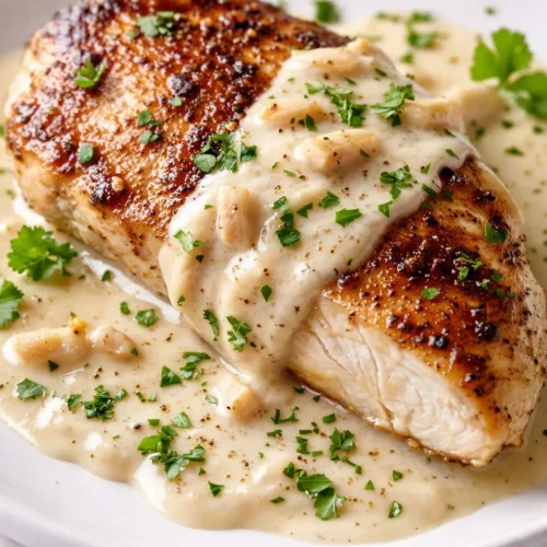 Creamy garlic chicken with golden seared chicken breasts in a smooth, velvety garlic parmesan sauce, garnished with fresh parsley.