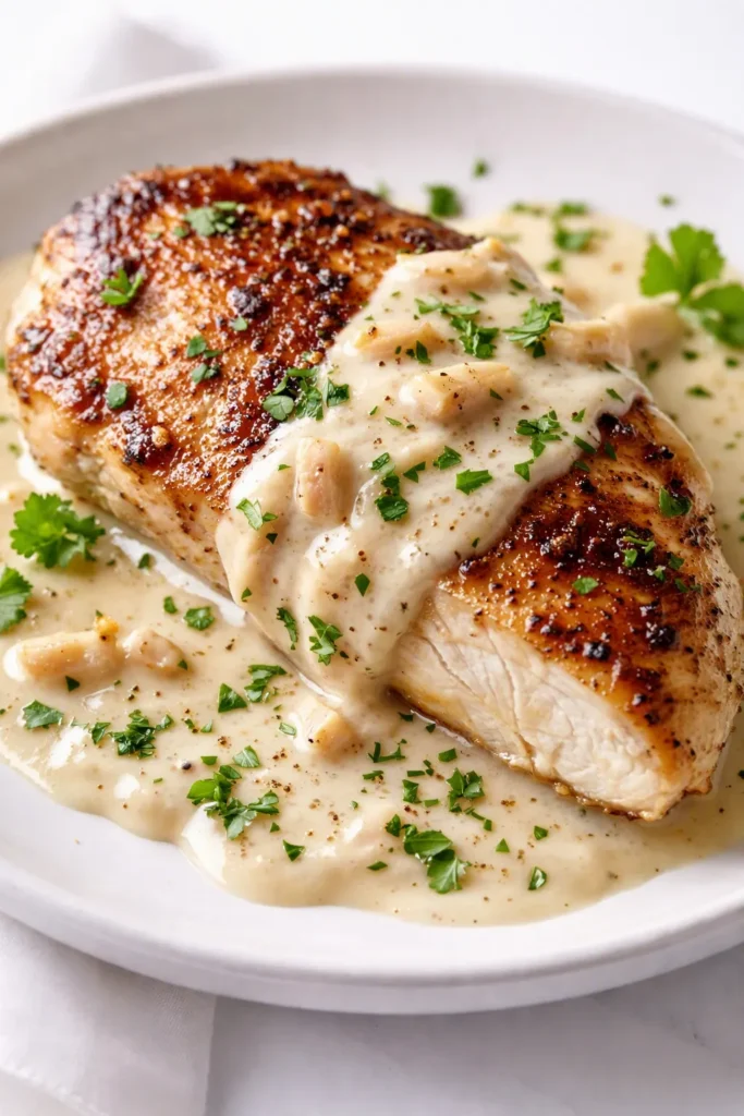 Creamy garlic chicken with golden seared chicken breasts in a smooth, velvety garlic parmesan sauce, garnished with fresh parsley.