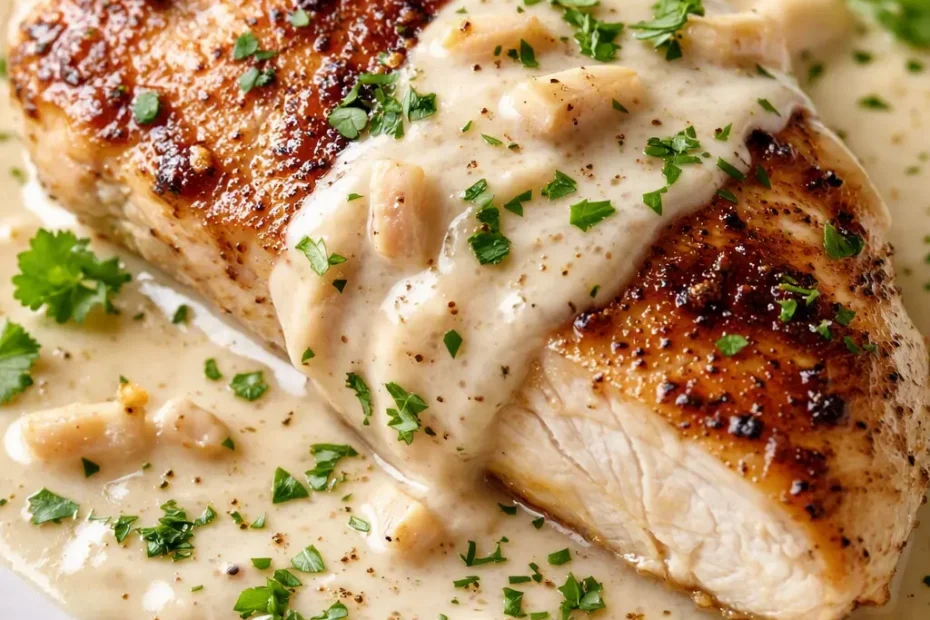 Creamy garlic chicken with golden seared chicken breasts in a smooth, velvety garlic parmesan sauce, garnished with fresh parsley.