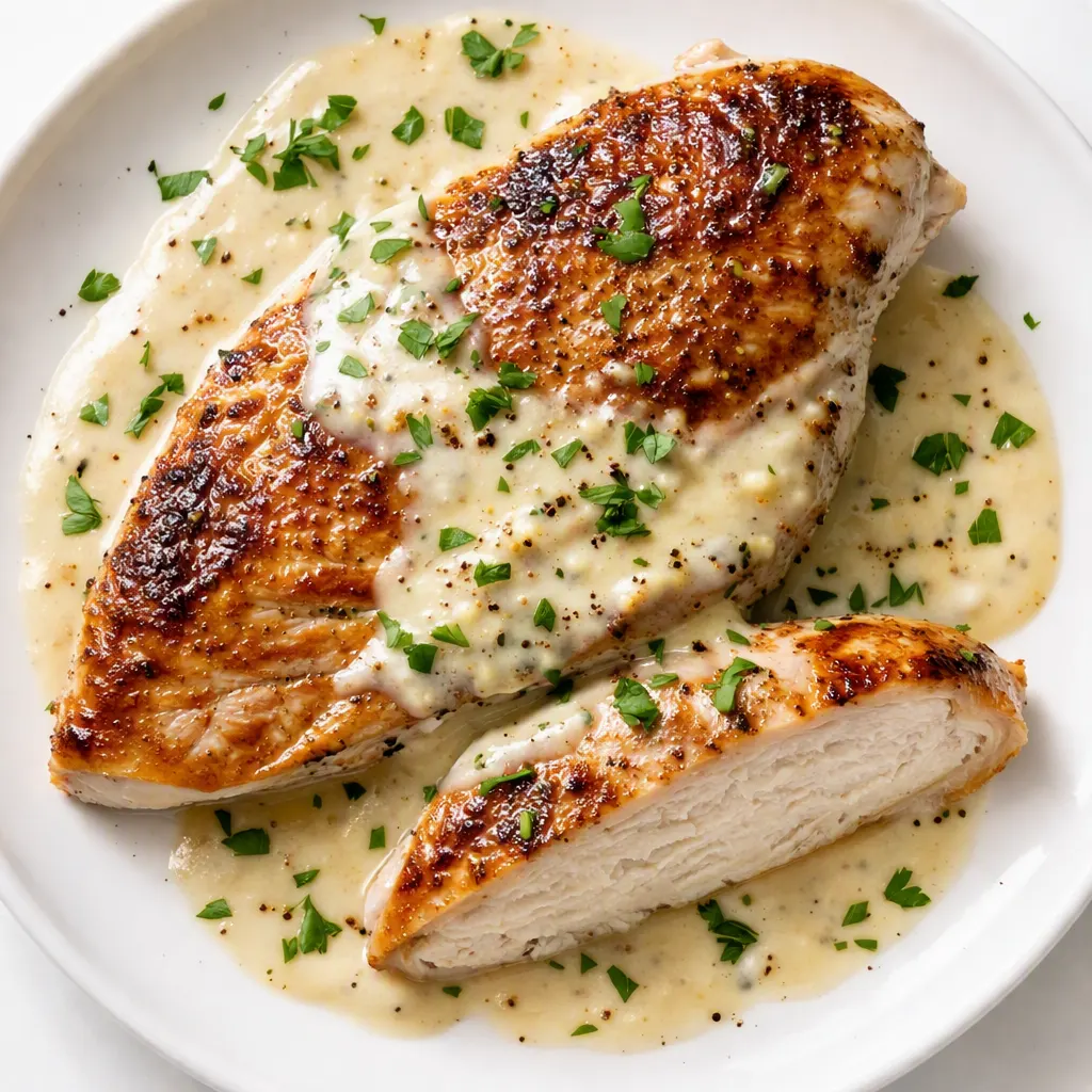 Creamy garlic chicken simmering in a rich, golden sauce with minced garlic and fresh herbs.