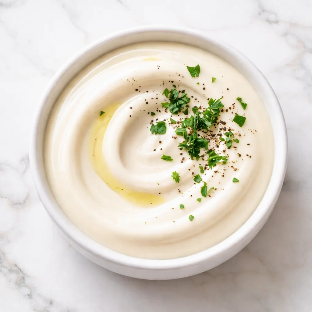 Silky creamy garlic sauce being whisked in a saucepan, glossy pale yellow emulsion with minced garlic