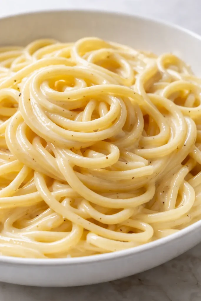 Creamy lemon pasta in a white bowl with glossy sauce, fresh parsley, and lemon zest, capturing a rich, restaurant-quality texture.
