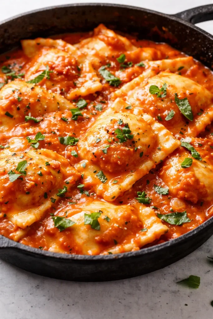 Creamy tomato ravioli sauce coating cheese ravioli, garnished with basil and parmesan, rich red-orange color.
