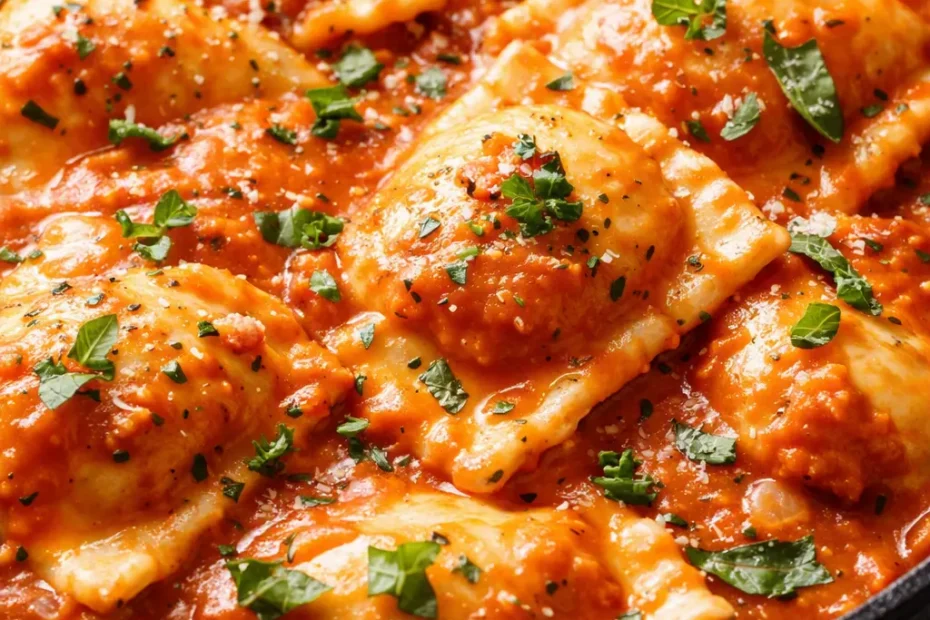 Creamy tomato ravioli sauce coating cheese ravioli, garnished with basil and parmesan, rich red-orange color.