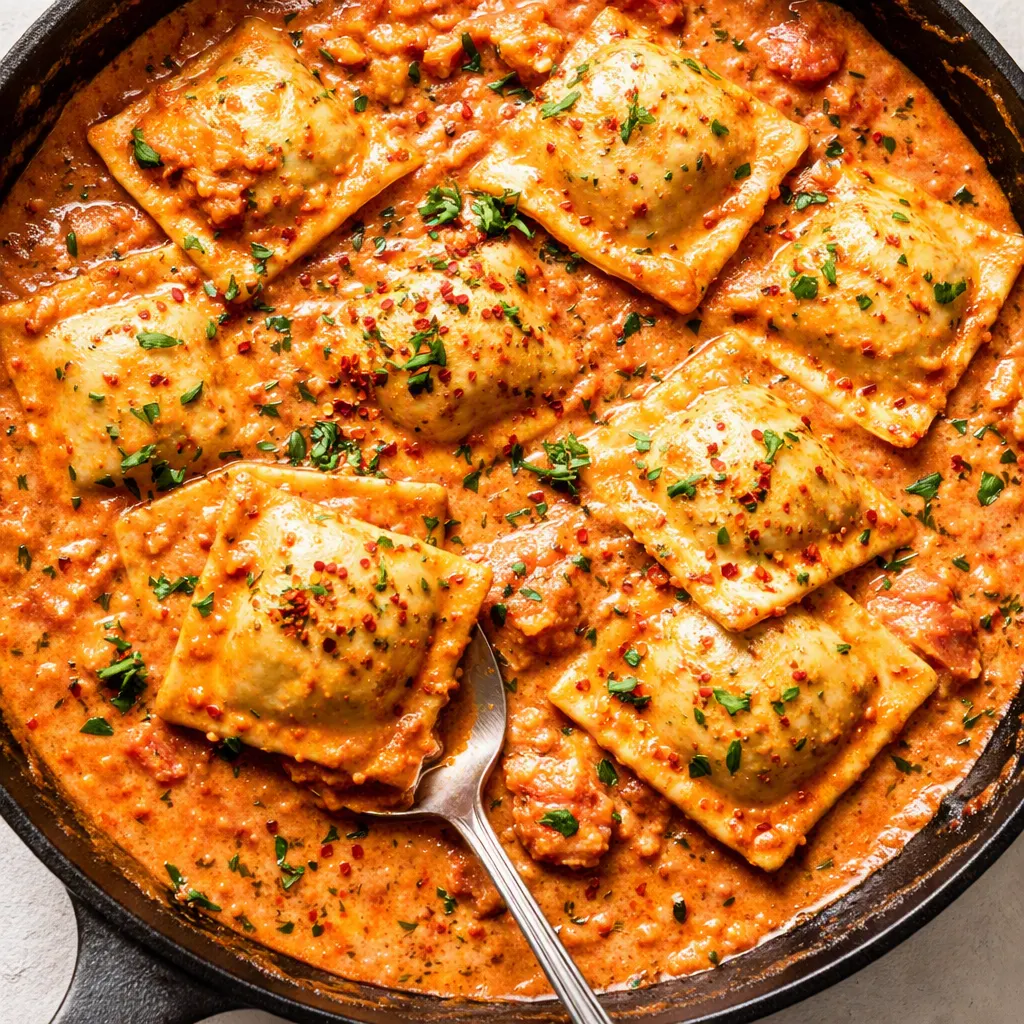 Creamy tomato ravioli sauce simmering in a skillet, rich orange hue and a velvety texture.