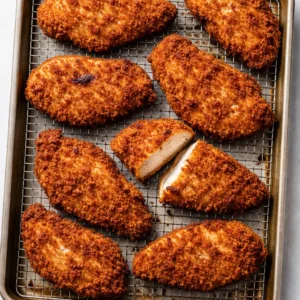 Golden crispy baked chicken cutlets with a crunchy panko crust on a white plate, garnished with fresh herbs.