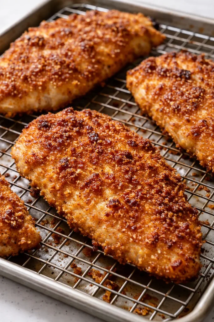 Golden-brown crispy baked chicken cutlets, juicy and tender, served on a ceramic plate.