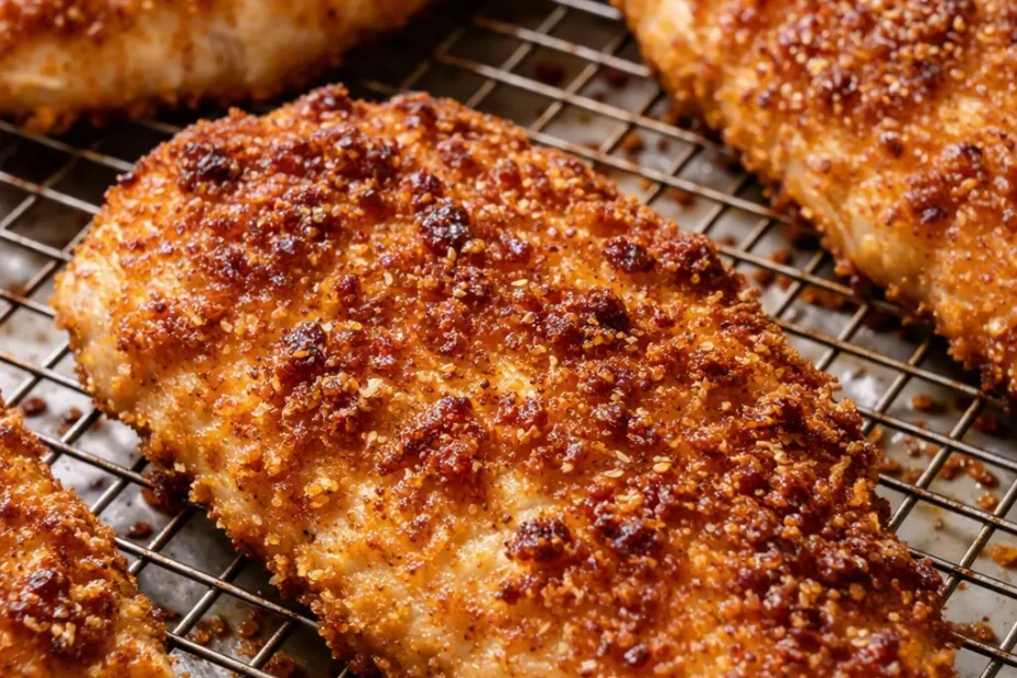 Golden-brown crispy baked chicken cutlets, juicy and tender, served on a ceramic plate.