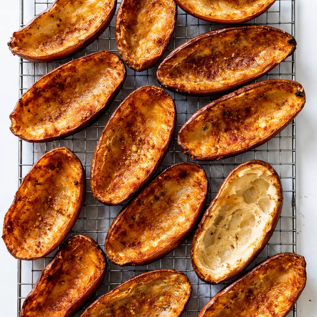 Golden baked potato skins with crispy edges, melted cheddar, and sprinkled bacon bits on a baking sheet