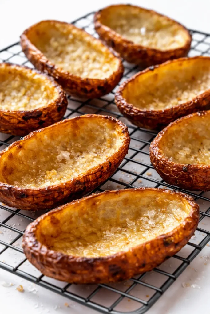 Golden crispy baked potato skins loaded with melted cheddar, crispy bacon, and fresh green onions on a rustic platter.