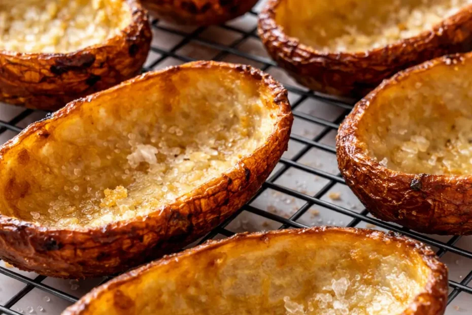 Golden crispy baked potato skins loaded with melted cheddar, crispy bacon, and fresh green onions on a rustic platter.
