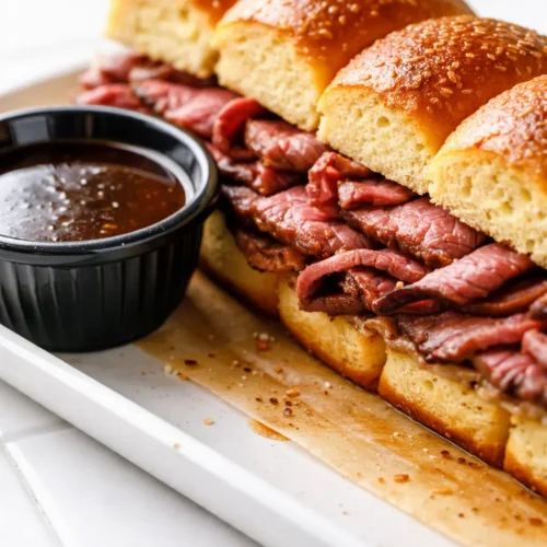 Golden toasted french dip sliders piled with tender beef and melted provolone, served with a side of hot au jus for dipping.