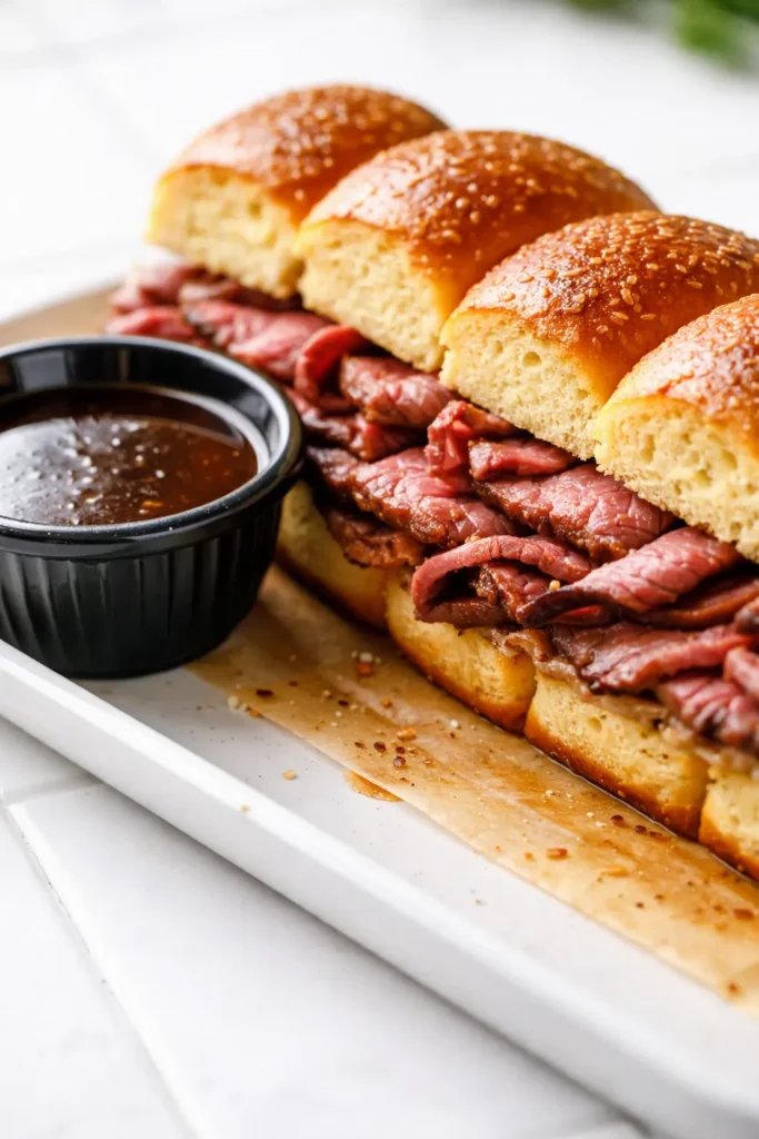 Golden toasted french dip sliders piled with tender beef and melted provolone, served with a side of hot au jus for dipping.