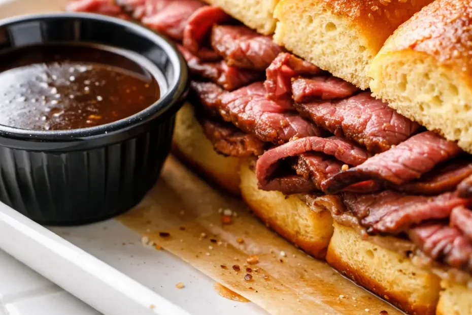 Golden toasted french dip sliders piled with tender beef and melted provolone, served with a side of hot au jus for dipping.