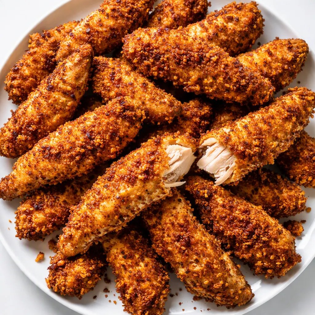 Crispy oven baked chicken tenders coated in golden panko and herbs, placed on a wire rack ready for baking.
