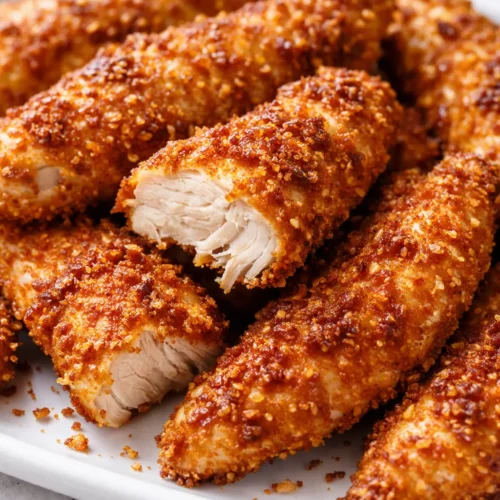 Golden crispy oven baked chicken tenders with crunchy coating and juicy meat, served on a plate with dipping sauce.