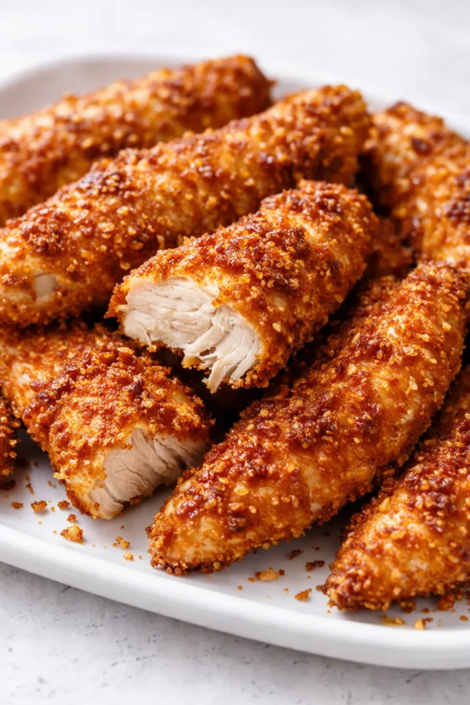 Golden crispy oven baked chicken tenders with crunchy coating and juicy meat, served on a plate with dipping sauce.