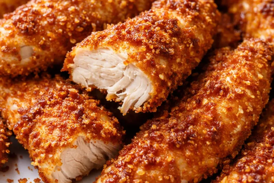 Golden crispy oven baked chicken tenders with crunchy coating and juicy meat, served on a plate with dipping sauce.