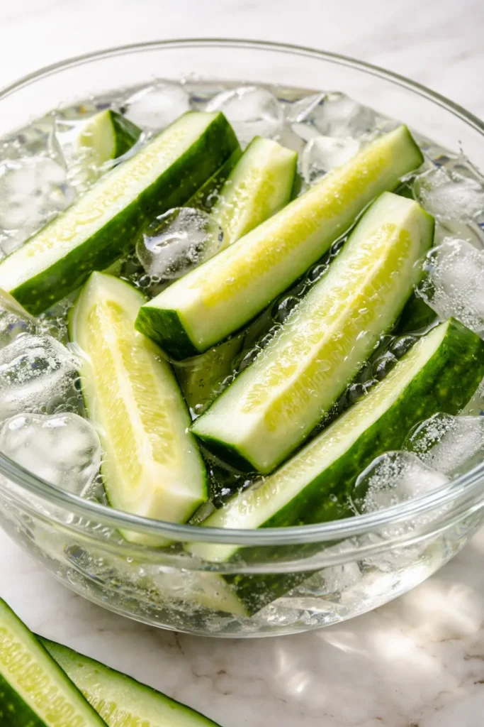 Crunchy refrigerator pickles with fresh dill and garlic in a glass jar, bright green and crisp.