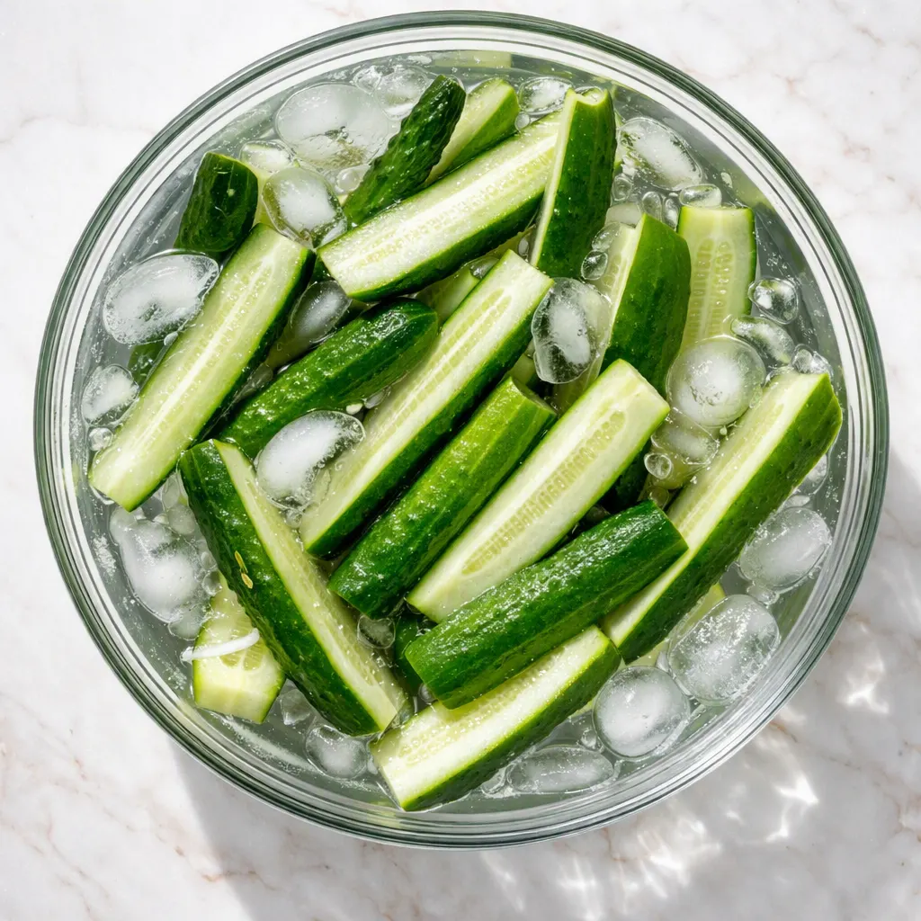 Crisp cucumber slices being packed into a glass jar with fresh dill and garlic for homemade refrigerator pickles.