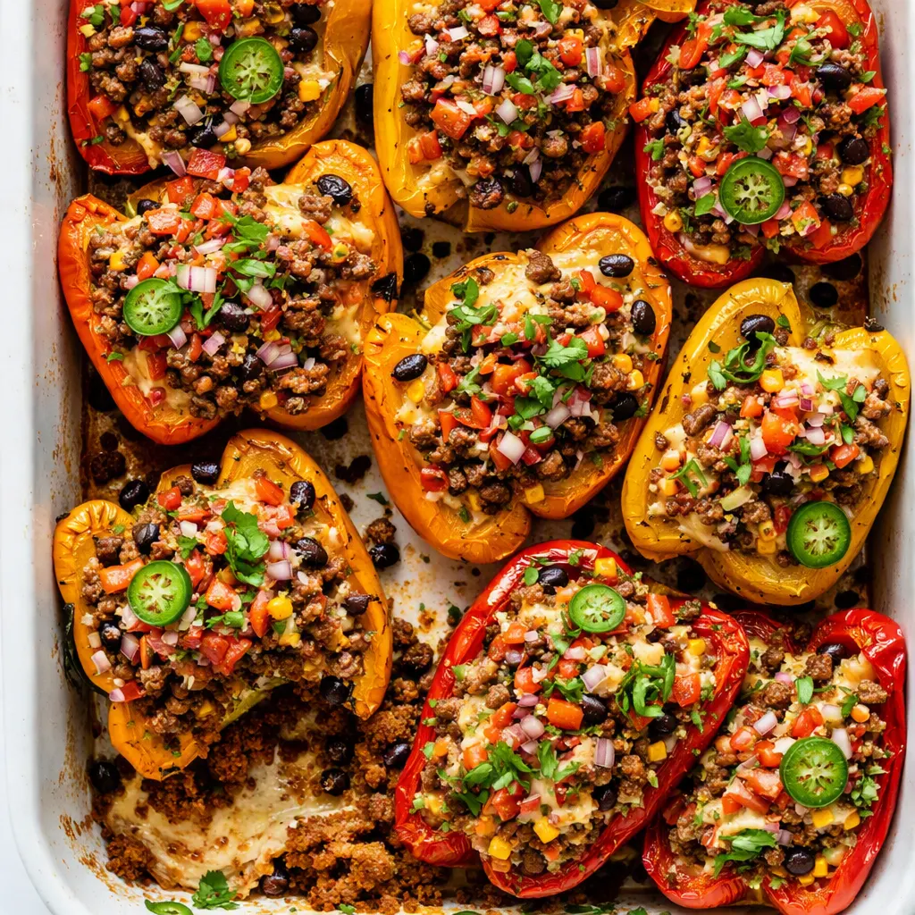 Vibrant halved bell peppers filled with seasoned taco meat and cheese, showcasing a crunchy taco stuffed peppers texture.