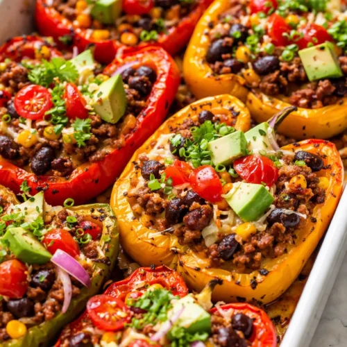 Crunchy taco stuffed peppers with seasoned beef, melted cheddar, and vibrant fresh toppings on a white plate
