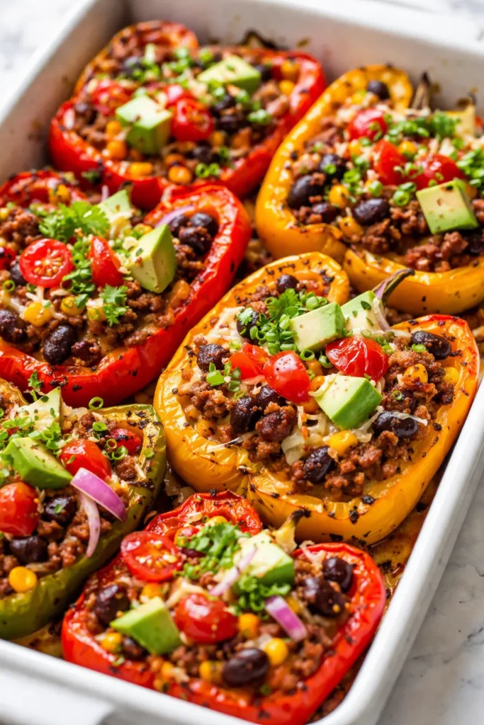 Crunchy taco stuffed peppers with seasoned beef, melted cheddar, and vibrant fresh toppings on a white plate