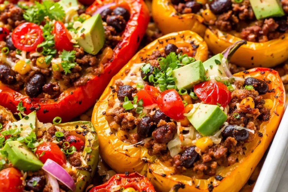Crunchy taco stuffed peppers with seasoned beef, melted cheddar, and vibrant fresh toppings on a white plate