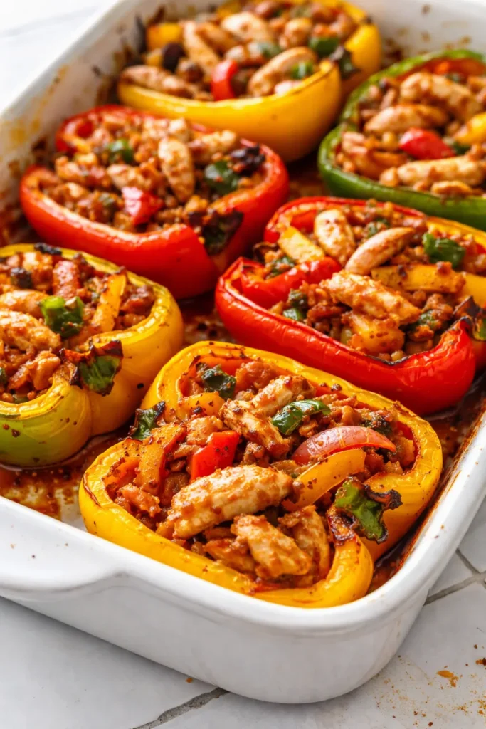 Fajita chicken stuffed peppers with tender seasoned chicken, melted cheese, and colorful red, green, and yellow bell pepper halves.