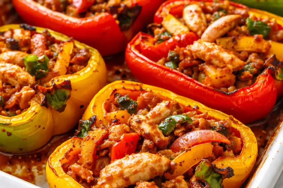 Fajita chicken stuffed peppers with tender seasoned chicken, melted cheese, and colorful red, green, and yellow bell pepper halves.