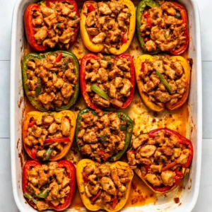 Fajita chicken stuffed peppers in progress, vibrant bell peppers being filled with seasoned fajita mixture