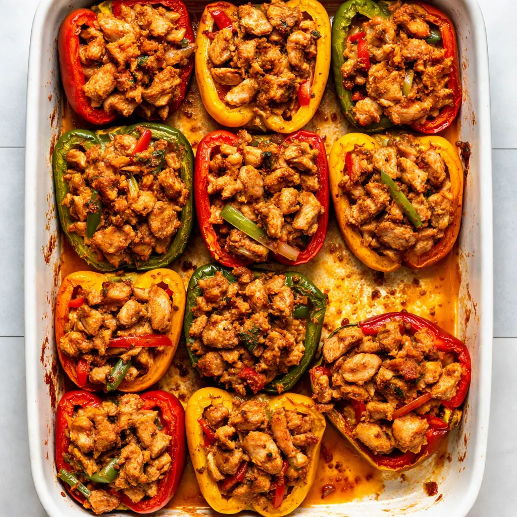 Fajita chicken stuffed peppers in progress, vibrant bell peppers being filled with seasoned fajita mixture