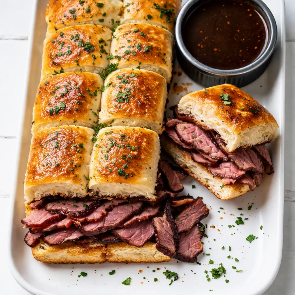 French dip sliders with toasted golden tops and melted provolone, juicy beef, and a side of au jus for dipping, staying crisp.