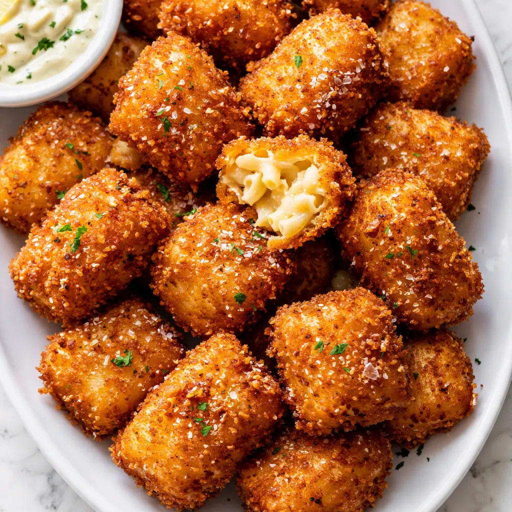Hands coating fried mac and cheese bites in seasoned breadcrumbs, golden crumbs visible against the creamy cheese balls.