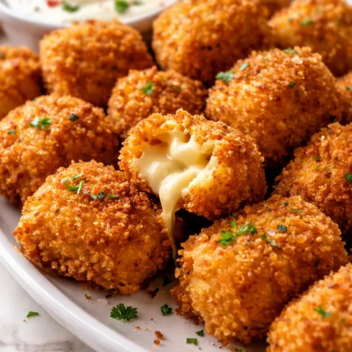 Golden brown fried mac and cheese bites with crispy coating and melted, gooey cheese center, served on a plate with dipping sauce.