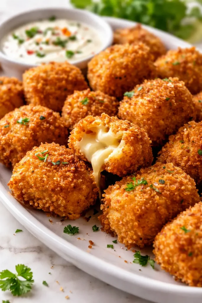 Golden brown fried mac and cheese bites with crispy coating and melted, gooey cheese center, served on a plate with dipping sauce.