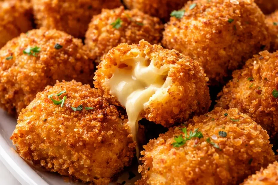 Golden brown fried mac and cheese bites with crispy coating and melted, gooey cheese center, served on a plate with dipping sauce.