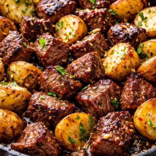 Golden-brown garlic butter steak bites with crispy skillet potatoes, garnished with parsley and melted butter.
