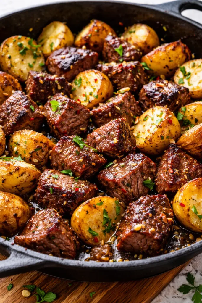 Golden-brown garlic butter steak bites with crispy skillet potatoes, garnished with parsley and melted butter.