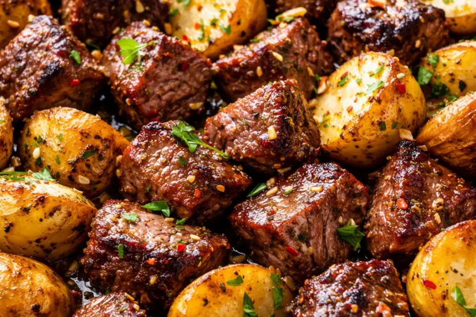 Golden-brown garlic butter steak bites with crispy skillet potatoes, garnished with parsley and melted butter.
