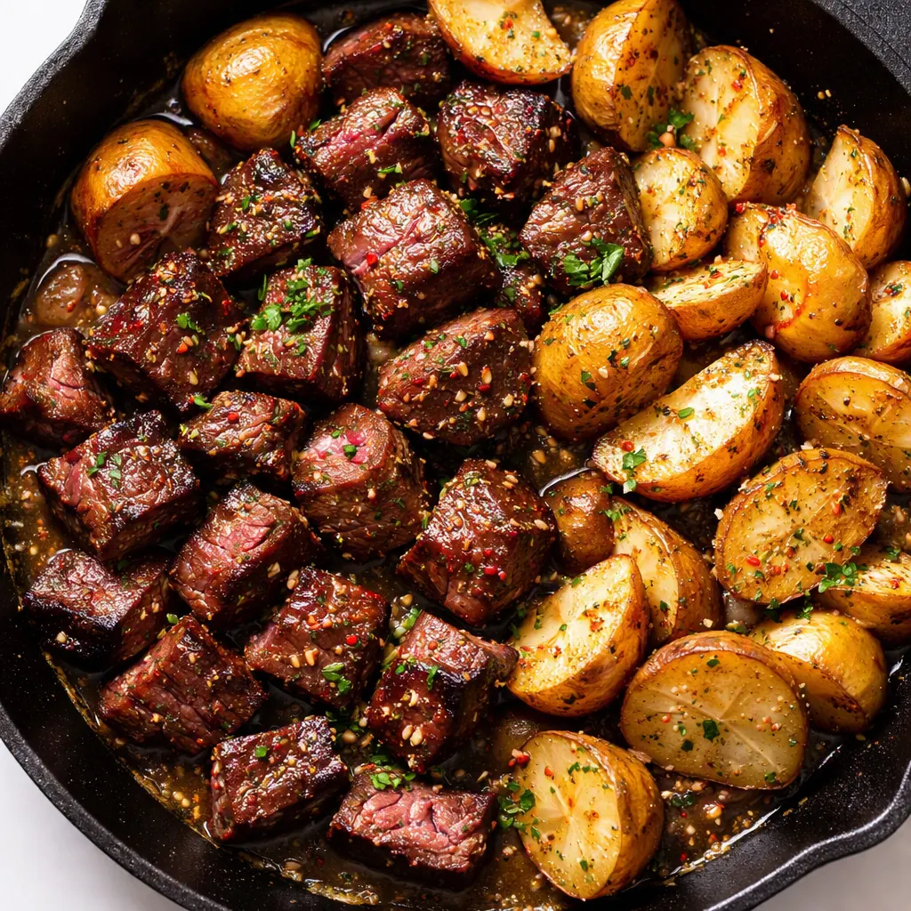 Sizzling garlic butter steak bites and potatoes with crispy golden edges and fresh herbs in a skillet.