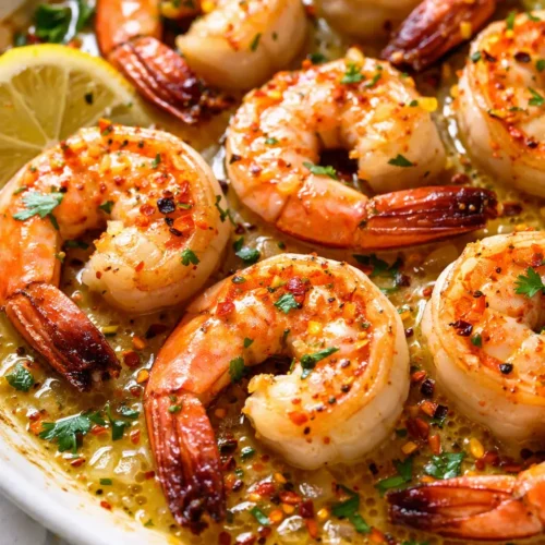 Glossy lemon garlic butter shrimp in a cast iron skillet, garnished with parsley and lemon wedges, juicy and tender in rich golden sauce.